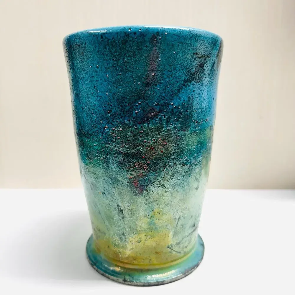 Vintage Raku Fernando Pottery Vase Hues of Blue Iridescent